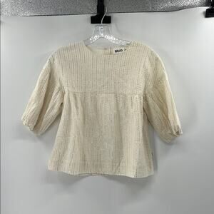 Molo Girls Glitter Stripe Puff Sleeve Blouse - Ivory/Silver - 9/10